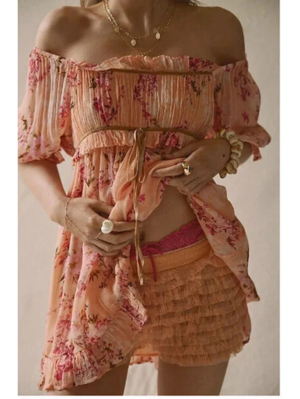 Free People Marney Mini Dress  peach pink Combo floral print size S  $148msrp